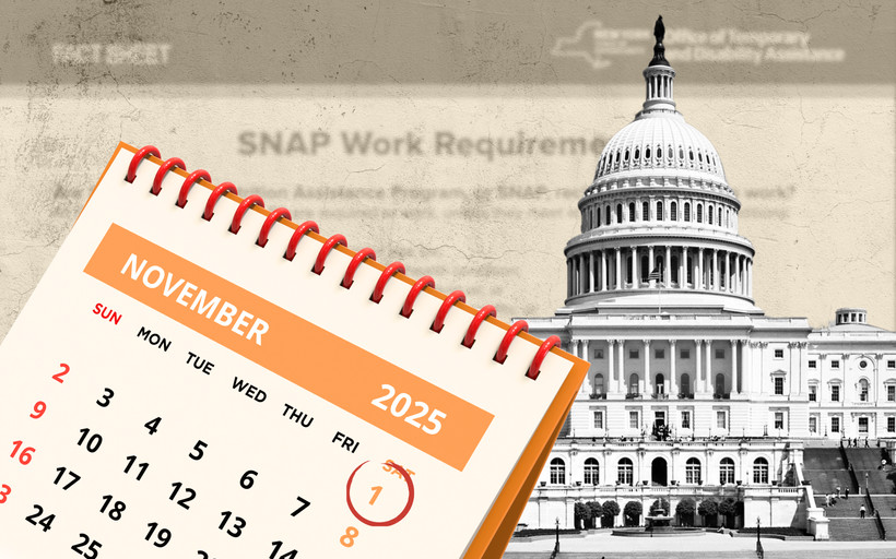 A calendar with November 1 circled, in front of a photo of the United States Capitol and a document showing the new SNAP work rules.