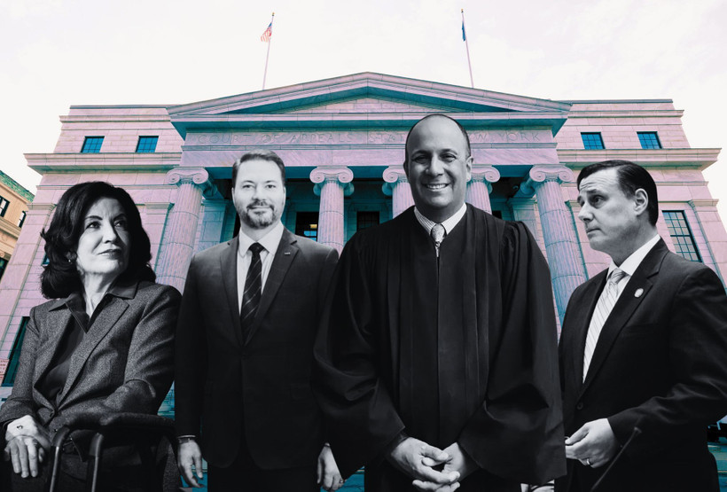 Kathy Hochul, Robert Ortt, Hector LaSalle, and Anthony Palumbo superimposed over the New York Court of Appeals building.