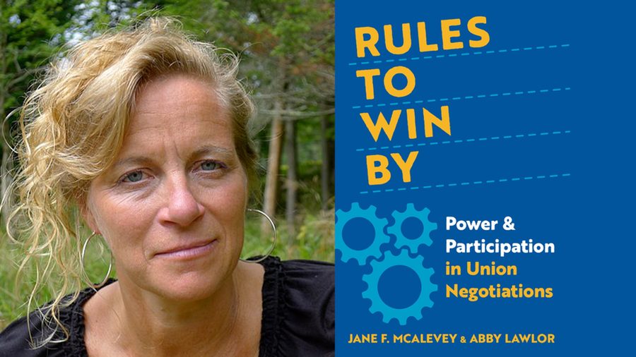Headshot of Jane McAlevey, union, environmental and community organizer, scholar, author, political commentator. To the left of headshot is the cover of her new book.