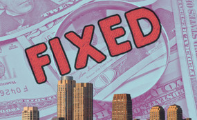 The word "fixed" is overlaid on top of a Bronx city skyline with a background of $20 bills.