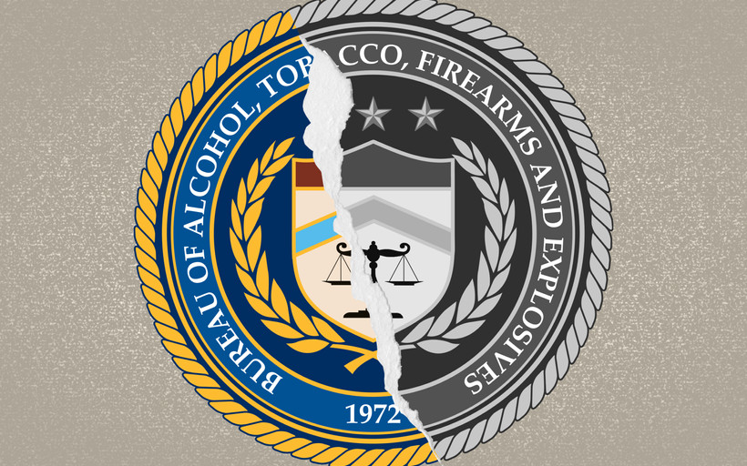 The logo of the Bureau of Alcohol, Tobacco, Firearms and Explosives appears town down the middle.