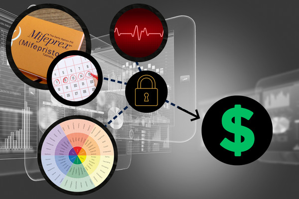 A lock icon stands in between personal health data and a dollar sign representing profit.