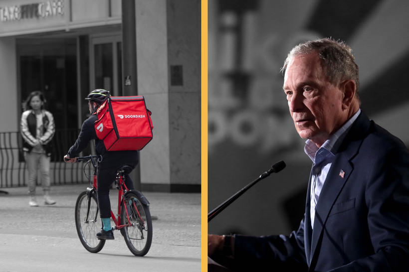 A diptych of two photos: a DoorDash delivery worker and a photo of former Mayor Michael Bloomberg.
