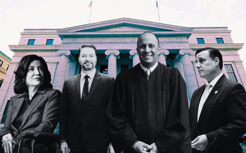 Kathy Hochul, Robert Ortt, Hector LaSalle, and Anthony Palumbo superimposed over the New York Court of Appeals building.