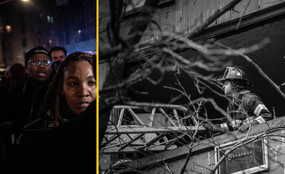Split screen of two photos: On the left, Bronx residents as Eric Adams speaks to them following the 2022 fire. On the right, in black and white, a firefighter leans out of an empty window in the burned building of the Twin Parks apartment complex.