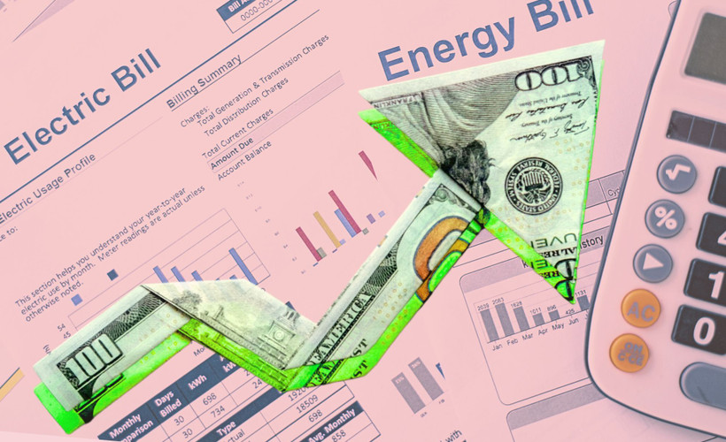 An upwards-pointing arrow made of a hundred-dollar bill, against a background of an energy bill.