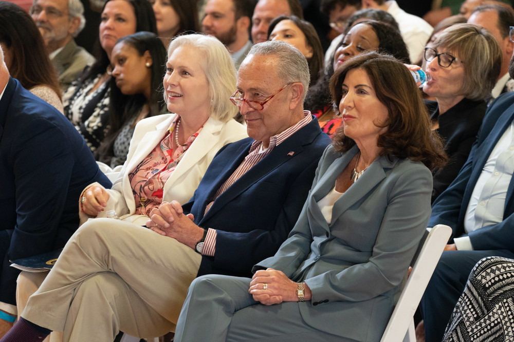 From left: Senator Kirsten Gillibrand, Senator Chuck Schumer, and Governor Kathy Hochul at the July 2023 I-81 groundbreaking in Syracuse.