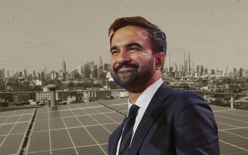 A photo collage of Zohran Mamdani in front of a roof with solar panels on it; a cityscape in the background.