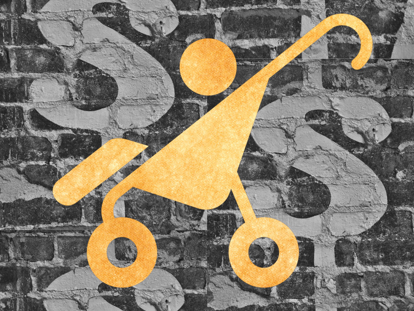 The logo of a baby in a stroller lays above a background of dollar signs on bricks.