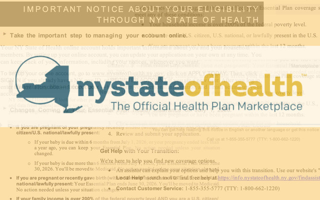 An illustration showing the New York State of Health logo and paperwork bearing several messages around essential plan eligibility and plan termination.
